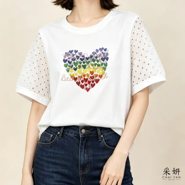 【CHAI YAN 采妍】愛心棉麻拼接短袖上衣(春夏女裝/中大尺碼/專櫃/寬鬆/透氣)