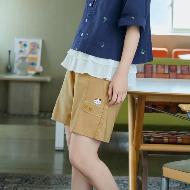 【OB 嚴選】日系彈力刺繡貓咪造型鬆緊腰短褲 《BA8061》 適 2L~5L