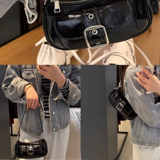 【COACH】Ashton 迷你牛皮亮面皮帶造型扣斜背手提兩用包可放16CM手機送禮