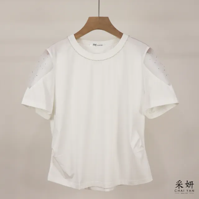 【CHAI YAN 采妍】串珠領網紗袖上衣(春夏女裝/中大尺碼/專櫃/寬鬆/透氣)