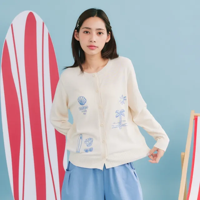 【Dailo】漫步海灘刺繡圓領長袖針織外套 杏 紫 灰(魅力商品)