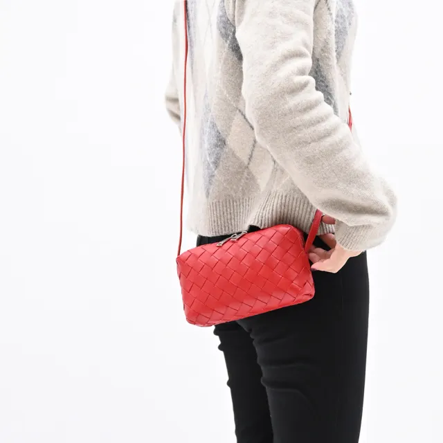 【BOTTEGA VENETA 寶緹嘉】經典手工大格編織小羊皮迷你手拿包斜背包(紅)