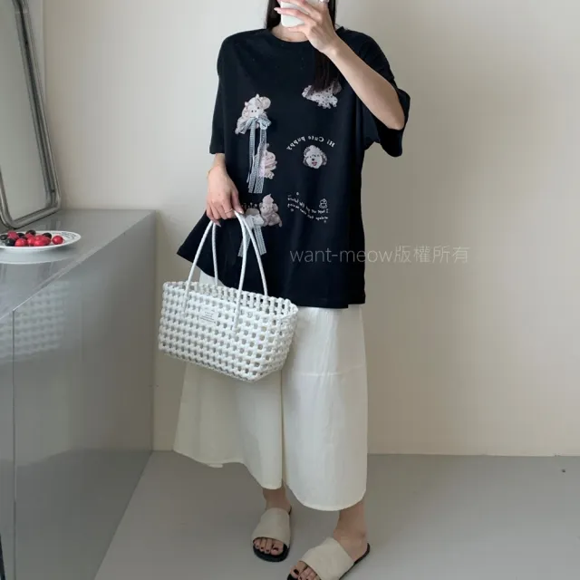 【Want-Meow】90公斤可穿/寬鬆百搭立體蝴蝶結狗狗圖T圓領上衣大學T短袖T(大碼上衣/大碼/大尺碼/短袖上衣)