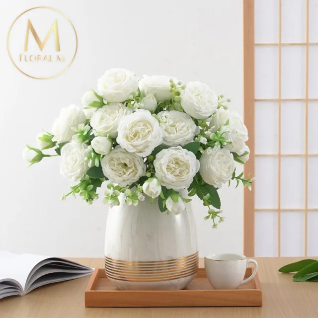 【Floral M】花中之王牡丹花優雅白仿真花花材1入組(人造花/仿真花/假花/花藝DIY/裝飾花材)