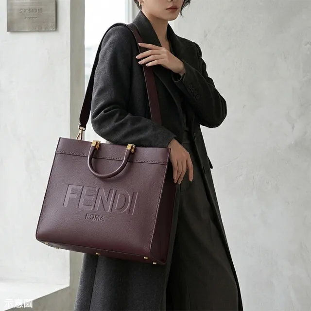 【FENDI 芬迪】FENDI 牛皮Sunshine系列淺浮雕手提肩背包(酒紅)