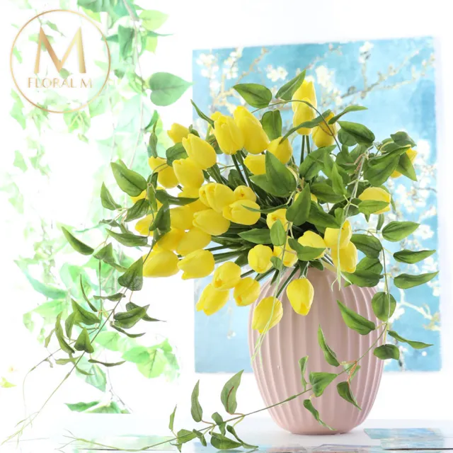 【Floral M】荷蘭蜜桃鬱金香檸檬黃仿真花花材5入組(人造花/仿真花/假花/花藝DIY/裝飾花材)