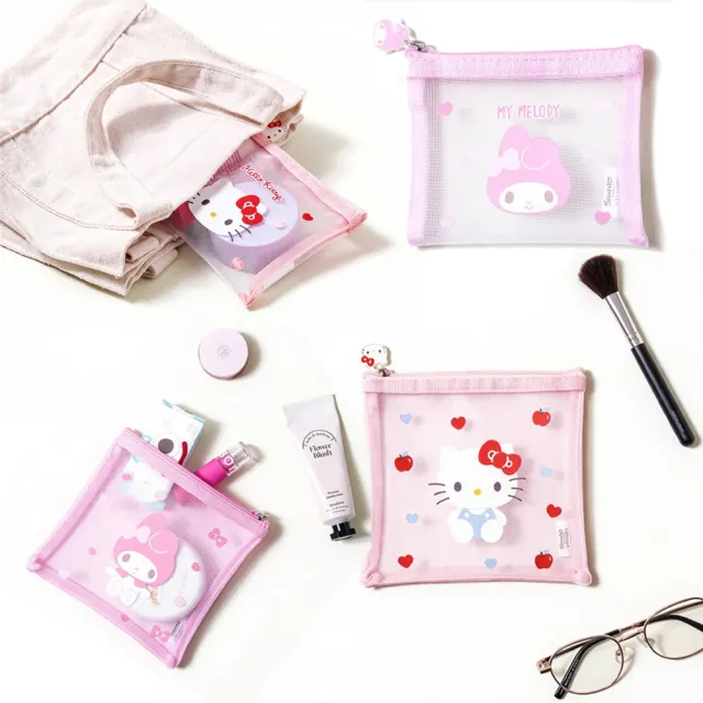 【SANRIO 三麗鷗】網狀化妝包2入 收納包 旅行包 盥洗包 Hello Kitty 美樂蒂 凱蒂貓