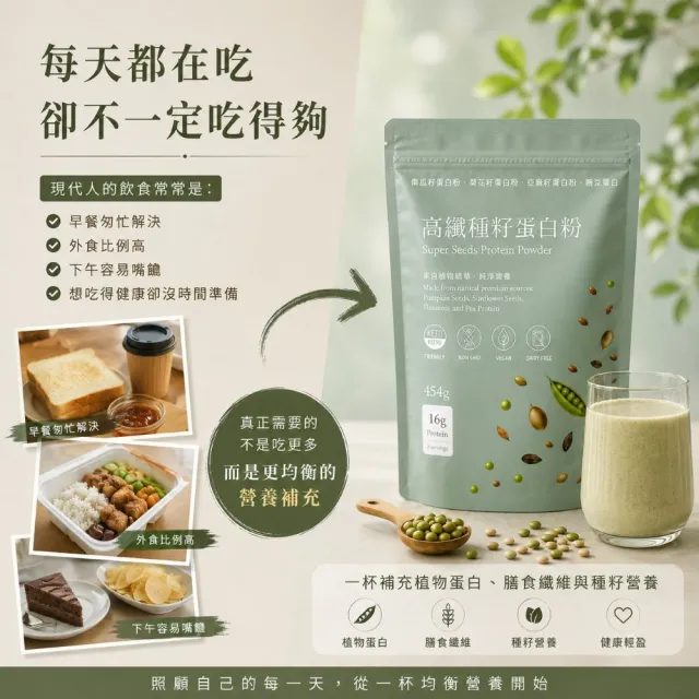 【Naturgrace 樂而泉】高纖種籽蛋白粉 454g/三入組｜無添加無代糖純素代餐均衡營養代餐｜贈搖搖杯1個雙11
