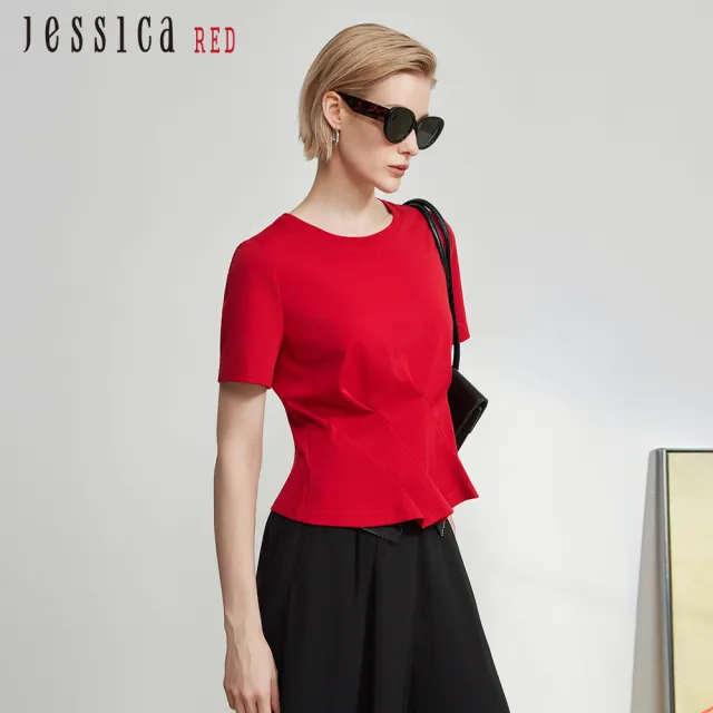【Jessica Red】修身素色圓領荷葉邊棉質短袖上衣（紅）R63602
