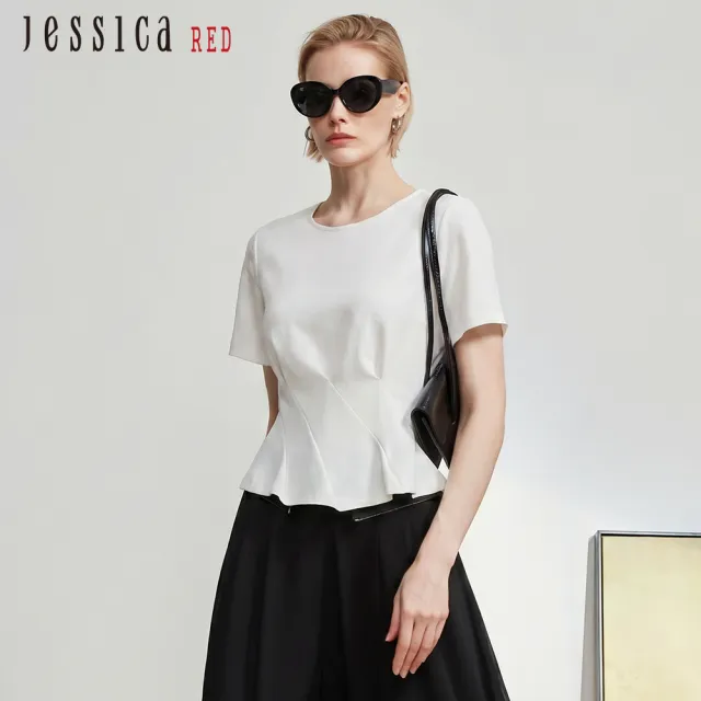 【Jessica Red】修身素色圓領荷葉邊棉質短袖上衣（白）R63602