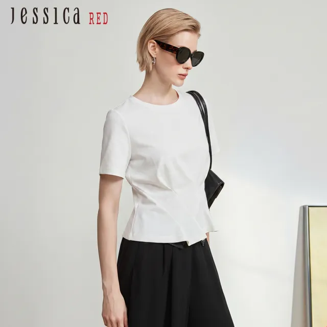 【Jessica Red】修身素色圓領荷葉邊棉質短袖上衣(白)R63602