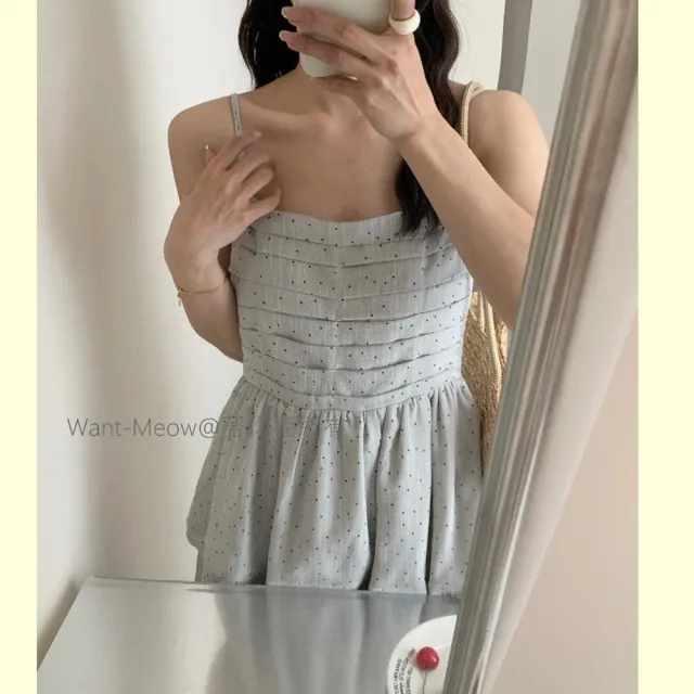 【Want-Meow】70公斤可穿/日系點點細肩帶洋裝顯瘦蛋糕裙長洋裝長裙(大碼/大尺碼/加大碼/洋裝)