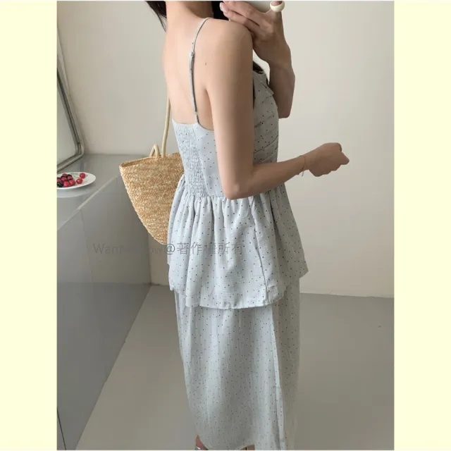 【Want-Meow】70公斤可穿/日系點點細肩帶洋裝顯瘦蛋糕裙長洋裝長裙(大碼/大尺碼/加大碼/洋裝)