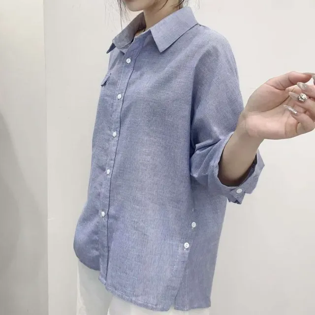 【T2R】TH-休閒百搭條紋衫七分袖-白/藍
