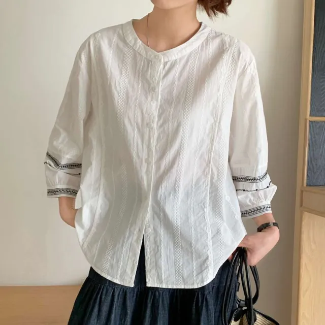 【T2R】TH-韓系質感百搭刺繡袖口設計棉襯衫