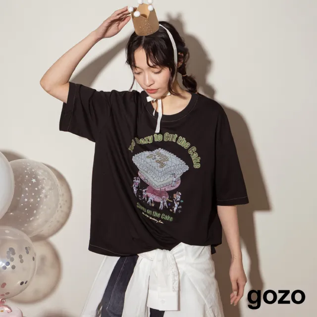 【gozo】生日快樂奶油印花涼感T恤(黑色/白色)