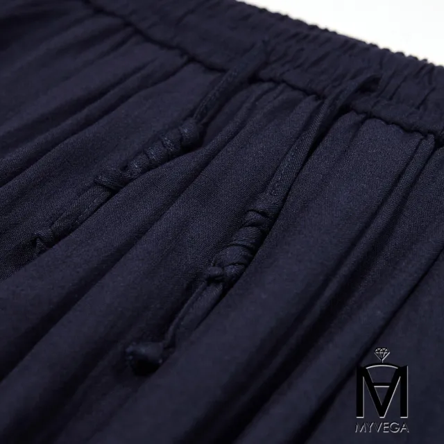 【MYVEGA 麥雪爾】MA亞麻親膚抽繩鬆緊腰寬褲-深藍(女寬褲/括腿褲/涼感褲)