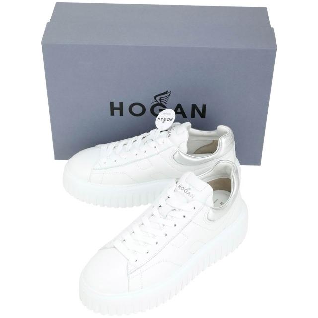 【HOGAN】H-Stripes H標誌縫線納帕皮銀尾繫帶厚底餅乾鞋-女鞋 白色(小白鞋 休閒鞋)