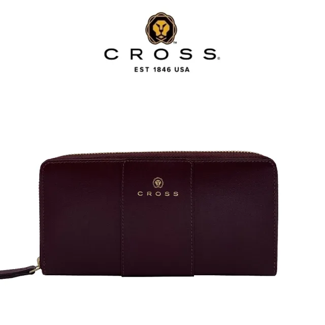 【CROSS】台灣總經銷 限量1折 頂級小牛皮拉鍊長夾 賈姬系列 全新專櫃展示品(酒紅色 送禮盒提袋)