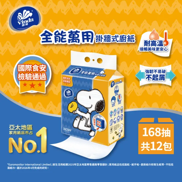 【Vinda 維達】Snoopy限定版掛牆式全能萬用廚房紙巾168抽(12包/箱)贈史努比掛鉤2款(數量有限 送完為止)