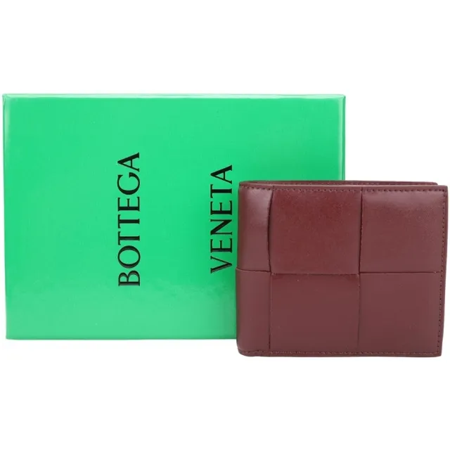【BOTTEGA VENETA 寶緹嘉】寬編織小牛皮6卡對折短夾(酒紅色)
