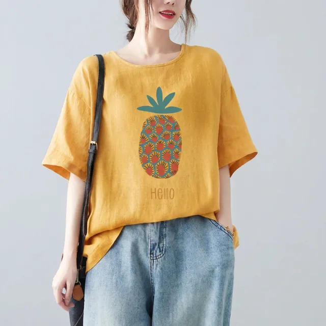 【AKARA】棉麻日織透涼金旺來五分袖短袖上衣T恤 大尺碼 M-3XL