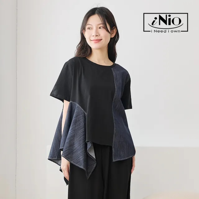 【iNio 衣著美學】撞色拼接單側波浪短袖上衣 不對稱下襬設計上衣 異材質拼接圓領棉T 寬鬆顯瘦上衣  CHW1111