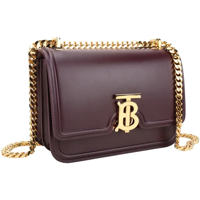 【BURBERRY 巴寶莉】TB 金字光滑小牛皮翻蓋鍊帶斜背包(酒紅色)