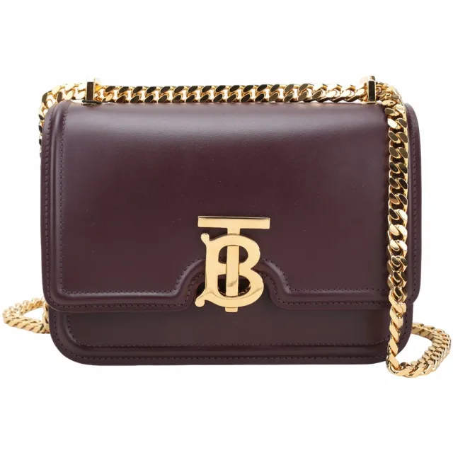 【BURBERRY 巴寶莉】TB 金字光滑小牛皮翻蓋鍊帶斜背包(酒紅色)
