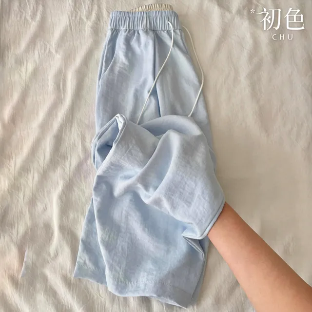 【初色】慵懶風純色鬆緊高腰抽繩寬鬆休閒褲寬褲長褲-藍色-51942(M-2XL可選)
