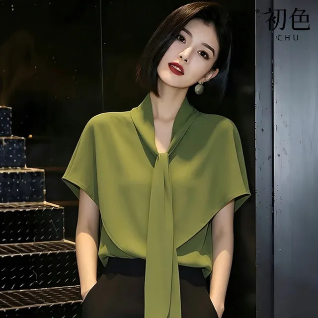 【初色】法式純色V領綁帶領飄帶短袖襯衫上衣女上衣-綠色-52023(M-2XL可選)