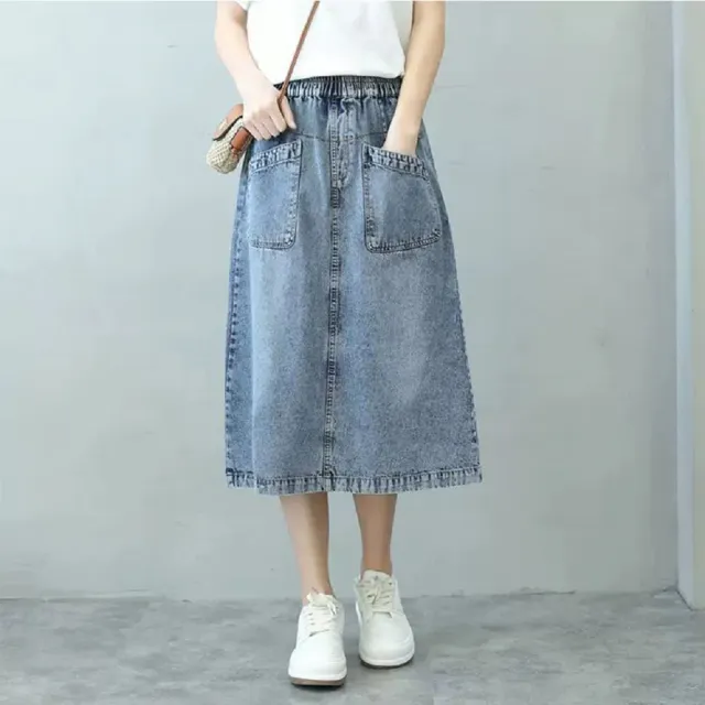 【ASister 小姊姊】AS2588#女裝｜裙子☆鬆緊帶大口袋A字半身牛仔裙(淺藍色 S-3XL)