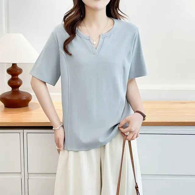 【ASister 小姊姊】AS2594#女裝｜上衣☆中大尺碼Plus+圓V領流線T恤(4色 XL-4XL_8823)