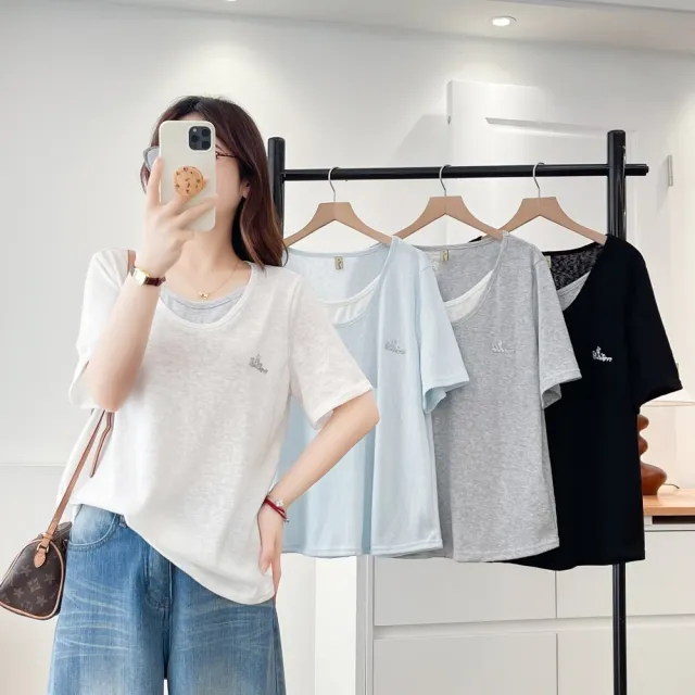 【ASister 小姊姊】AS2600#女裝｜上衣☆中大尺碼Plus+假兩件雪花棉T恤(4色 XL-4XL_8268)