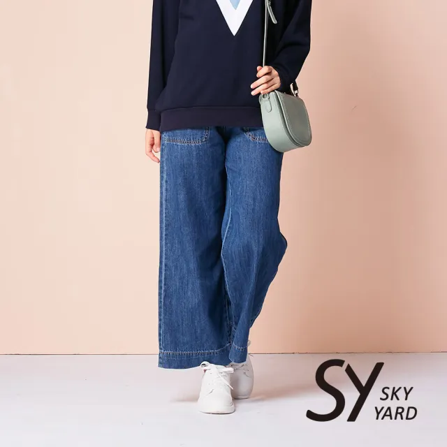 【SKY YARD】網路限定款-水洗九分牛仔寬口褲-深藍