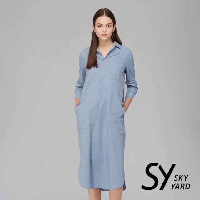【SKY YARD】網路限定款-開襟V領棉質襯衫式連身洋裝-淺藍