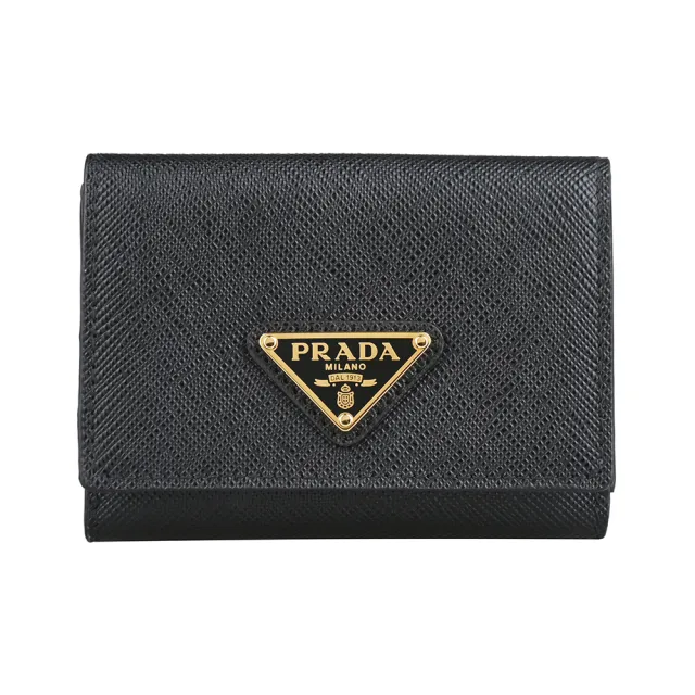 【PRADA 普拉達】PRADA Saffiano 防刮牛皮搭金屬三角牌壓釦3卡迷你三折短夾(迷你/黑)