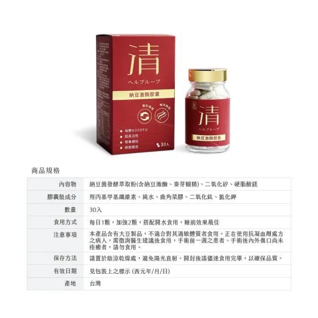 【chenglin 澄霖】澄霖納豆激酶180000FU膠囊1入(共30粒.每粒高達6000FU.外食族必吃)