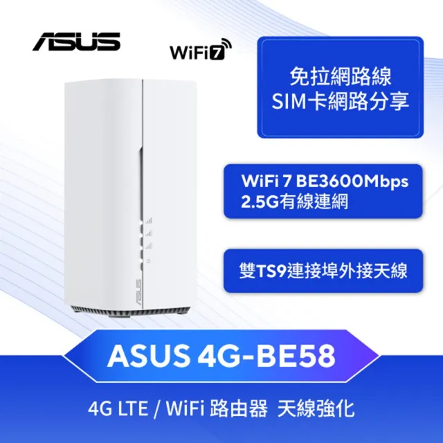 【ASUS 華碩】WiFi 7 雙頻 BE3600 AiMesh 路由器/網路分享器(4G-BE58)