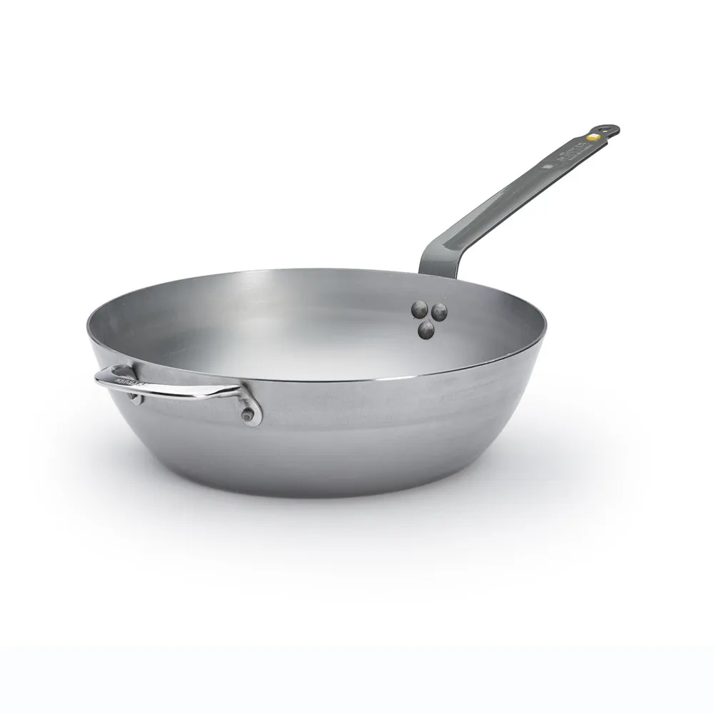 【de Buyer 畢耶】原礦蜂蠟鐵鍋 傳統單柄單耳深煎炒鍋32cm-適用IH爐(附握耳)