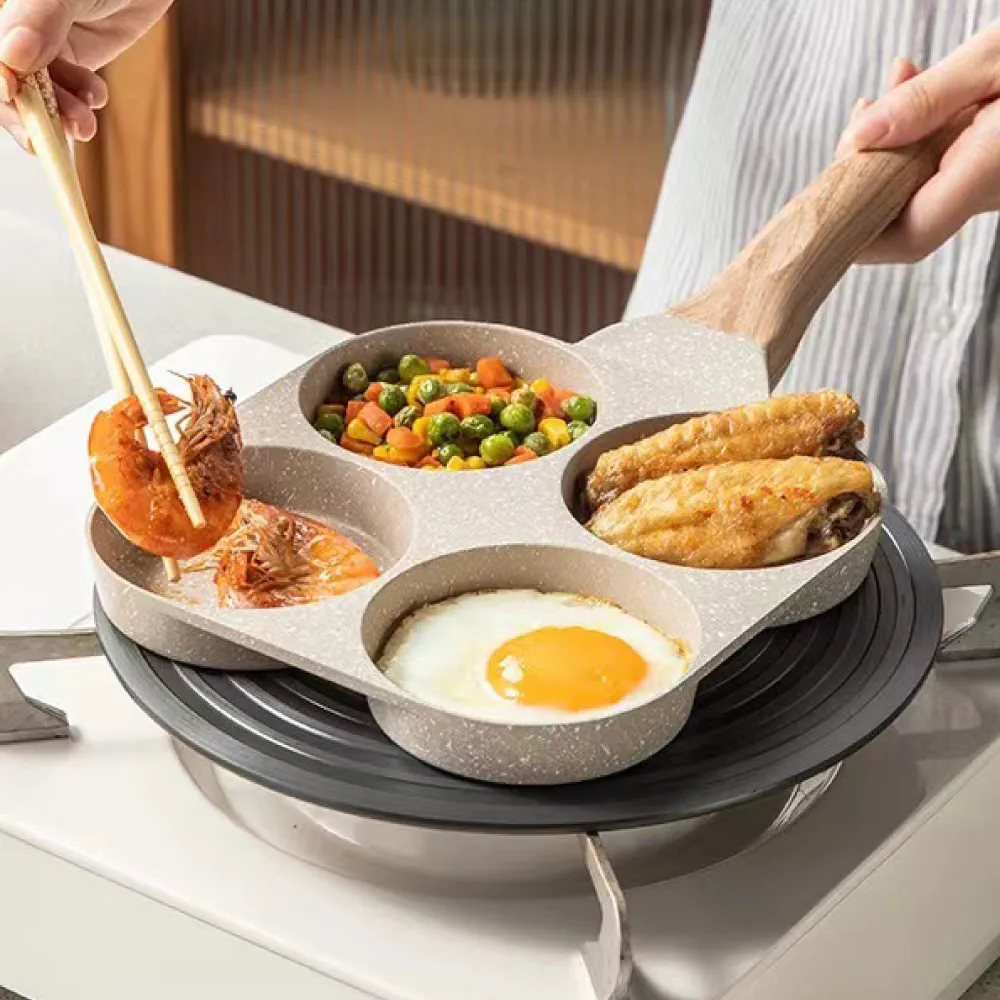 【鼎匠】升級版★雞蛋漢堡鍋 早餐煎鍋 4孔圓型 麥飯石不沾平底鍋(米白四格煎荷包蛋器模具玉子燒IH電磁爐)