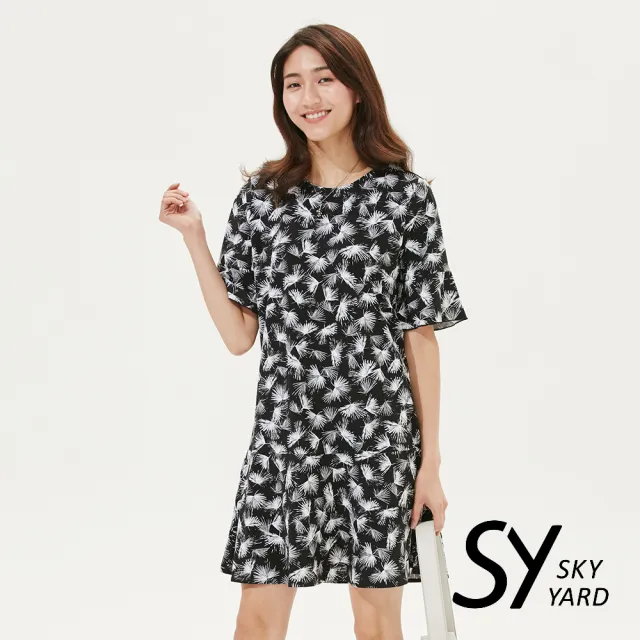 【SKY YARD】網路限定款-蒲公英印花荷葉連身洋裝-黑色