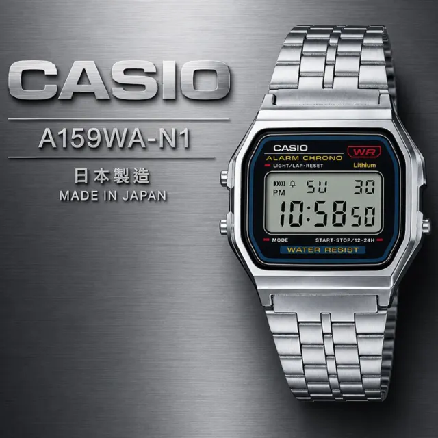 【CASIO 卡西歐】A159WA-N1 日本製造 復古簡約時尚 數位電子錶(經典潮流 錶徑約3.4公分)