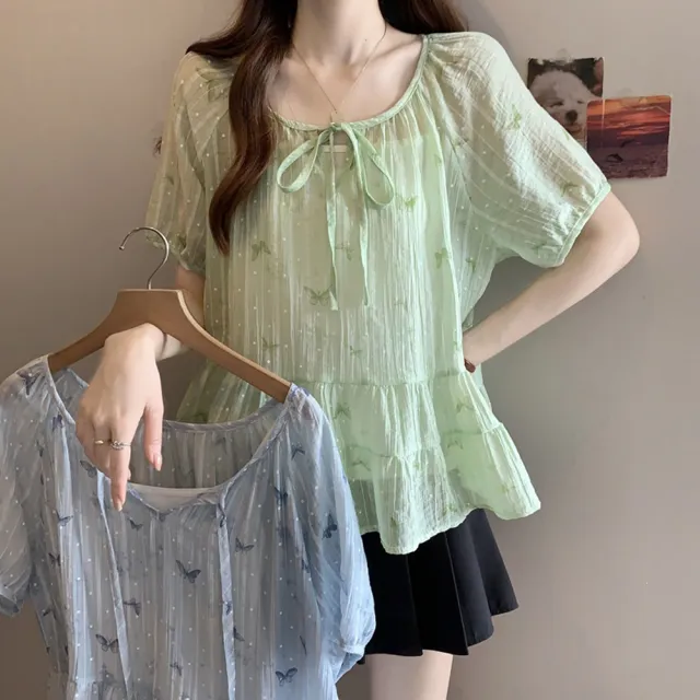 【ALLK 歐楷】新品上架 夏季短袖寬鬆減齡兩件式氣質紮染撞色繫帶上衣 2色 尺寸L-XXL/中大尺碼/涼爽/透氣