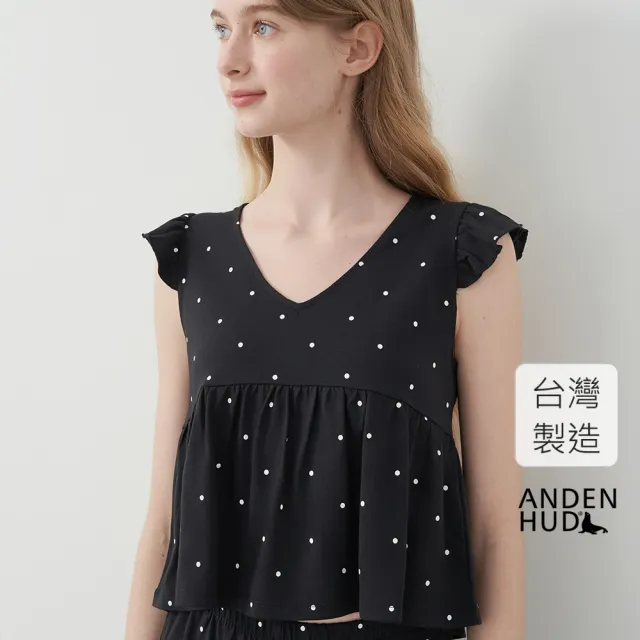 【Anden Hud】上衣_Lazy Day.莫代爾棉抽皺短袖短版上衣(黑色-波波圓點)