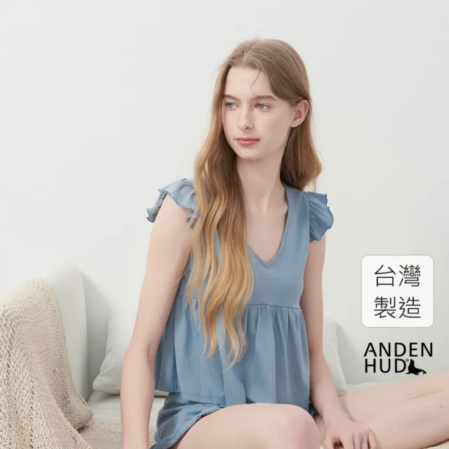 【Anden Hud】上衣_Lazy Day.莫代爾棉抽皺短袖短版上衣(暮雲藍)