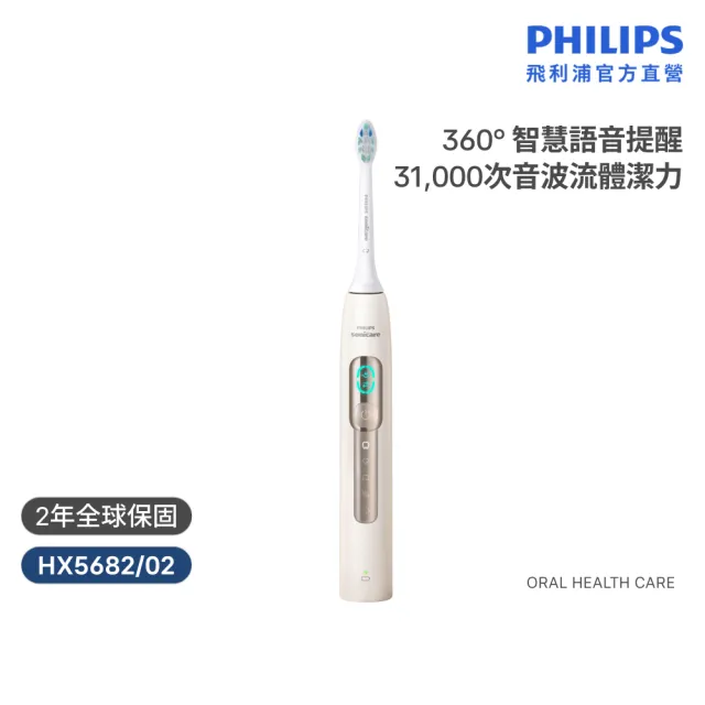 【Philips 飛利浦】HX5682/02 語音導航音波電動牙刷 (語音提醒/5種模式/5倍潔淨/骨傳導科技/官方直營)