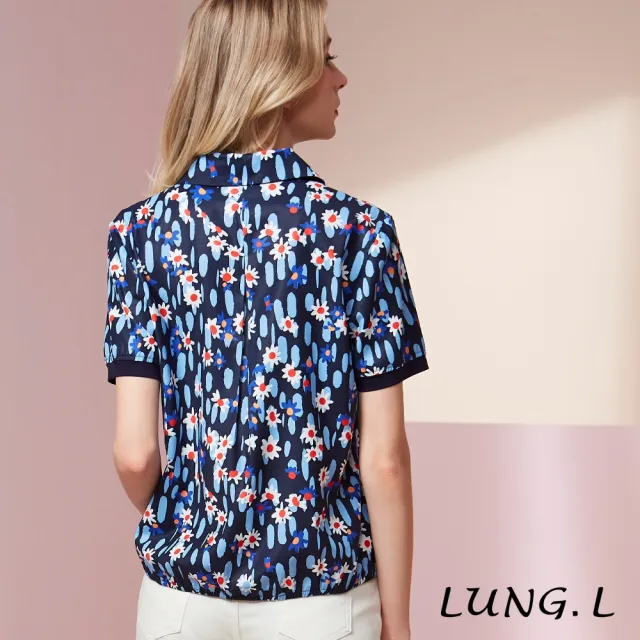 【LUNG.L 林佳樺】LU86A 藍色小花印花搭口袋半開襟短袖女裝上衣(加大尺碼)