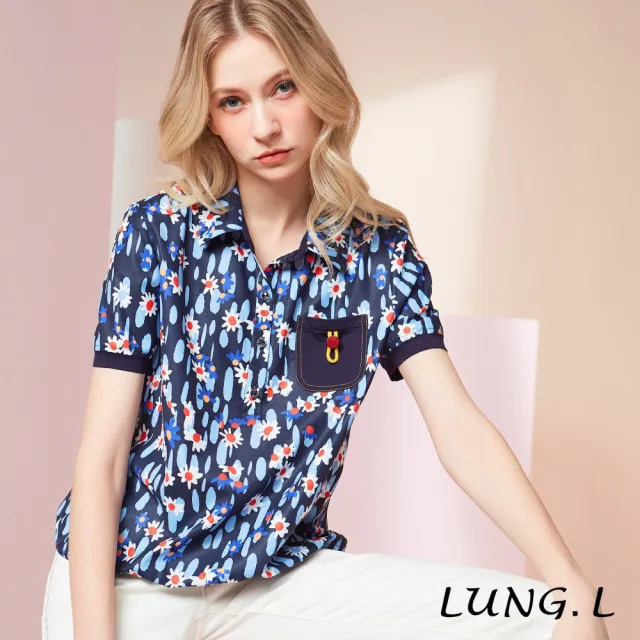 【LUNG.L 林佳樺】LU86A 藍色小花印花搭口袋半開襟短袖女裝上衣(加大尺碼)