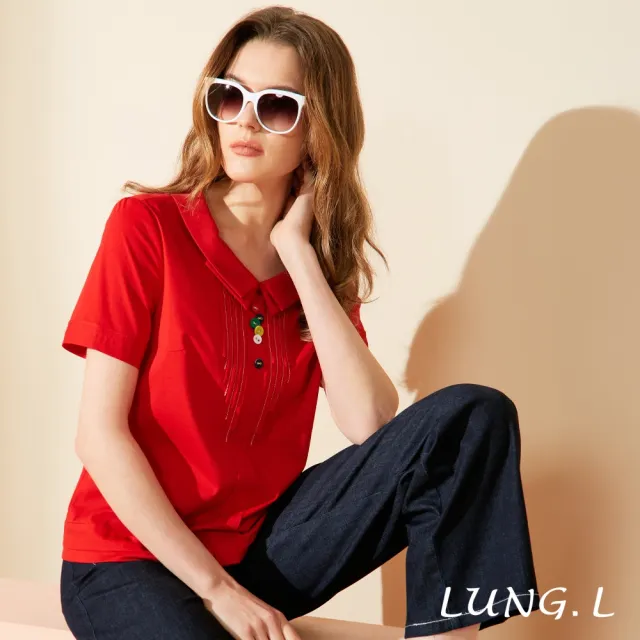 【LUNG.L 林佳樺】LW24A 紅色立體飾條搭配彩釦短袖女裝上衣